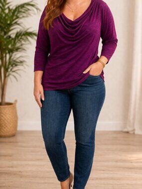 Jones Studio Cowl Neck Knit Top | 3/4 Sleeve Purple Draped Shirt